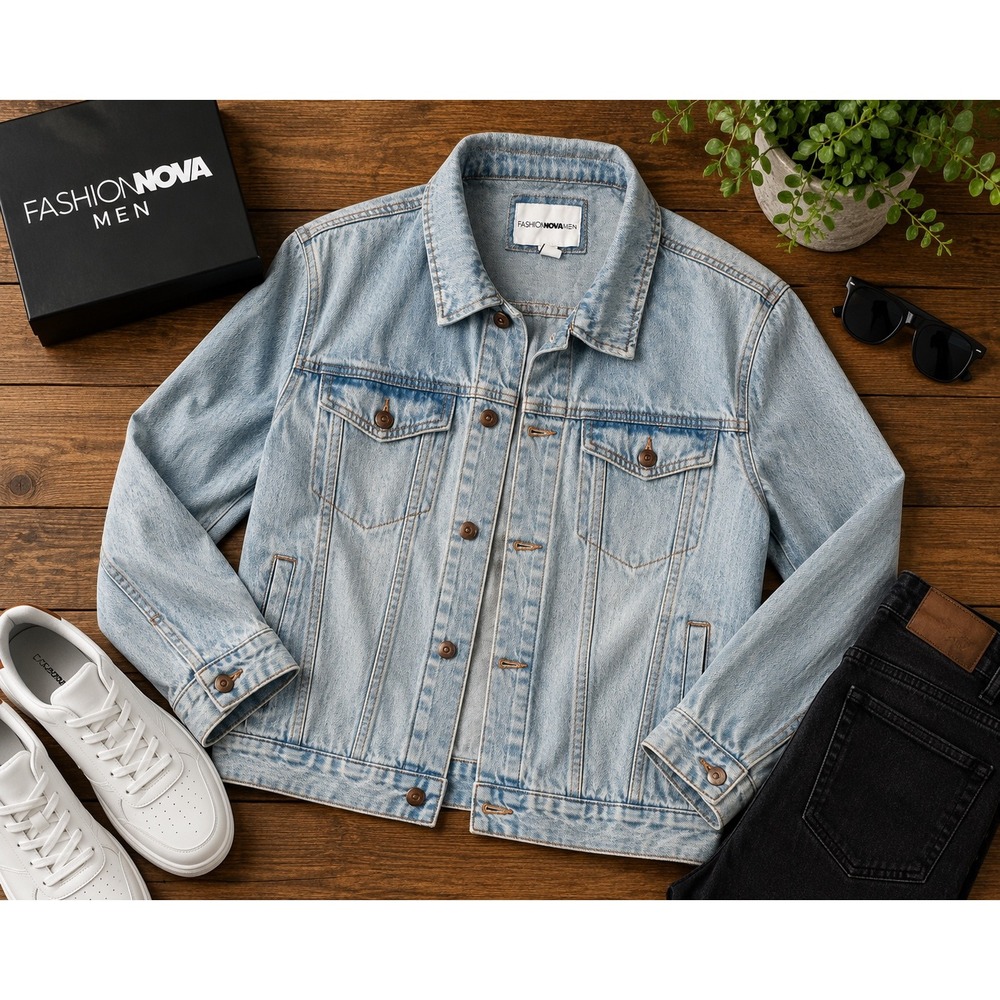 Fashion Nova Men Denim Jacket Mens XXL Light Wash 100% Cotton Jean Jacket